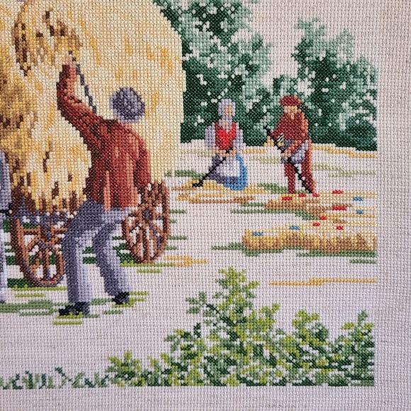 Vintage Cross Stitch Hay Wagon Barn Scene Farm Completed Textile Needlework - Picture 5 of 13